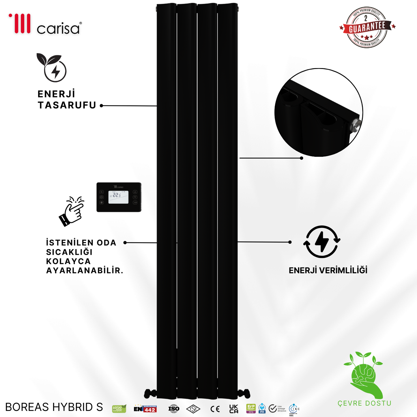 Carisa Boreas Hybrid S Dikey Elektrikli Radyatör Modern Tasarım Siyah