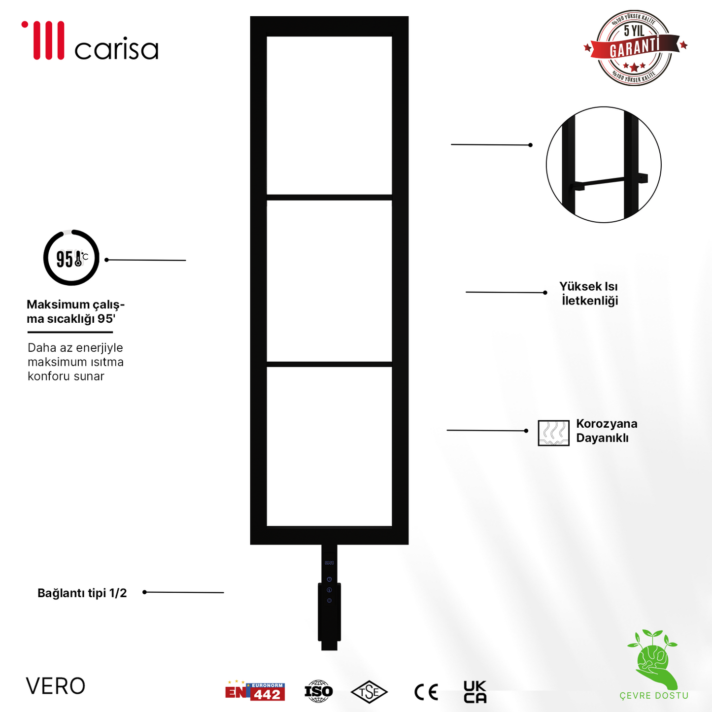 Carisa Vero Paslanmaz Çelik Elektrikli Havlupan - Mat Siyah