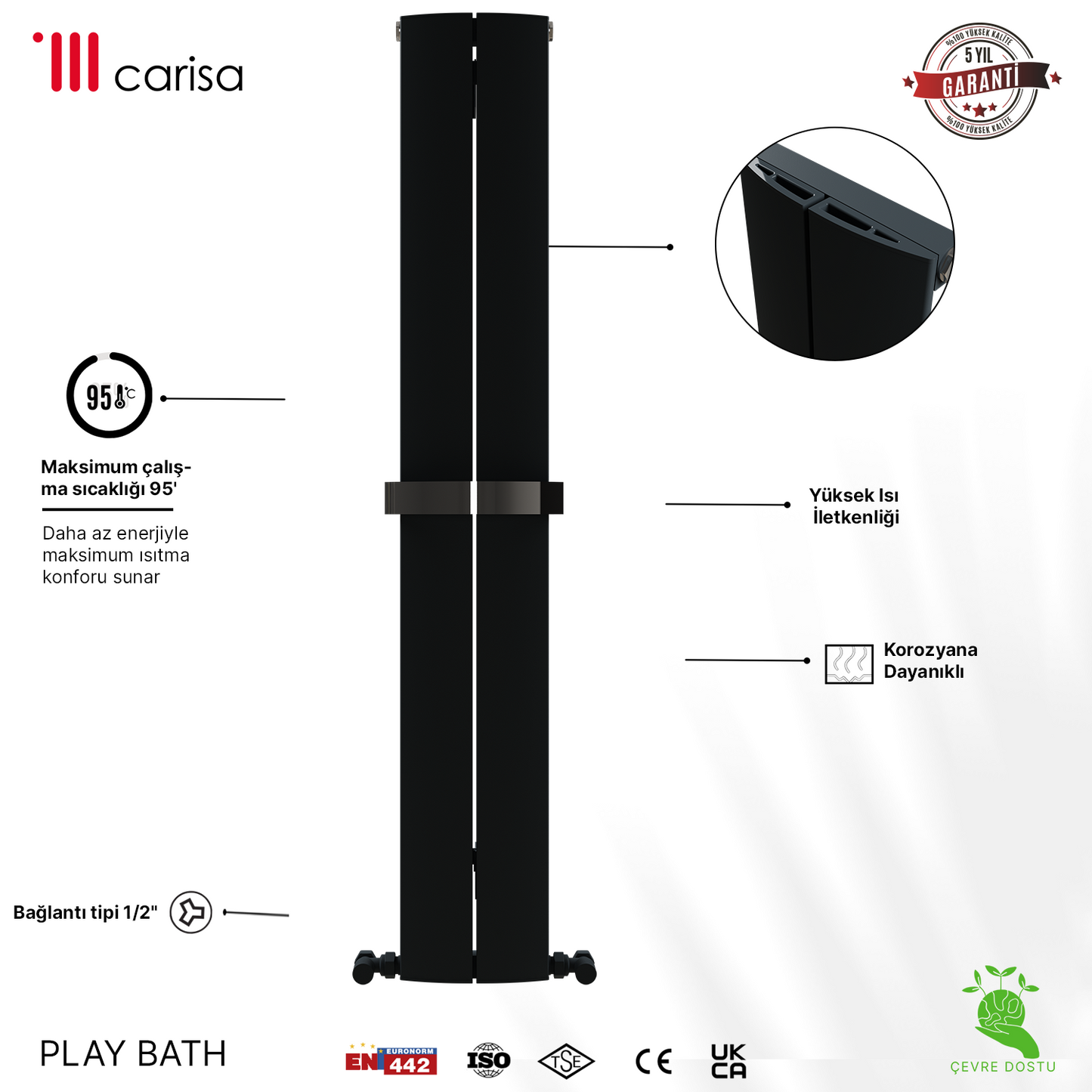 Carisa PLAY BATH RAL 9005 KUMLU SİYAH/STANDART BAĞLANTI(İKİ YAN-ALT-ÜST-ÇAPRAZ)/ALÜMİNYUM HAVLUPAN/BANYO RADYATÖRÜ