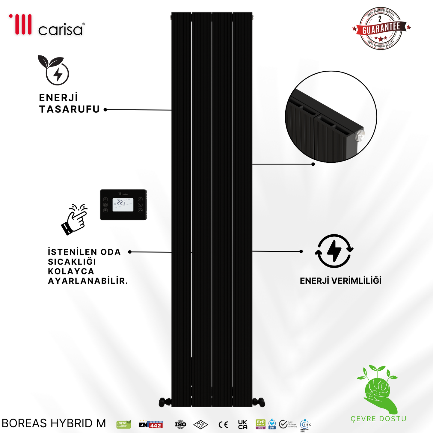 Carisa Boreas Hybrid M Dikey Elektrikli Radyatör Modern Tasarım Siyah
