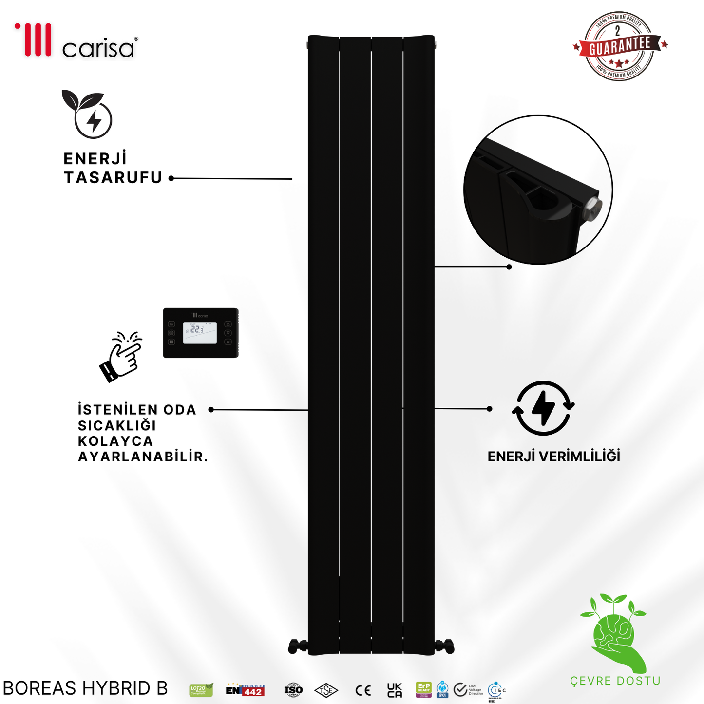 Carisa Boreas Hybrid B Dikey Elektrikli Radyatör Modern Tasarım Siyah
