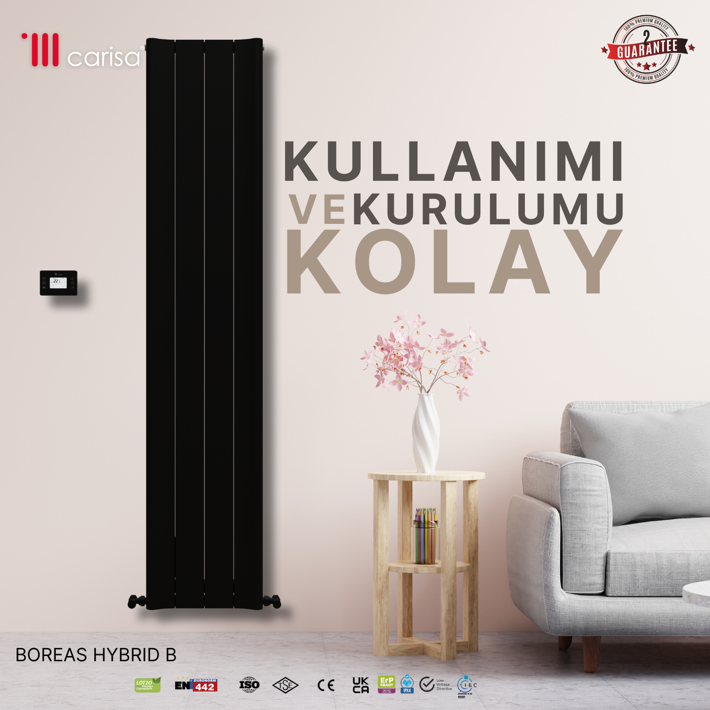 Carisa Boreas Hybrid B Dikey Elektrikli Radyatör Modern Tasarım Siyah