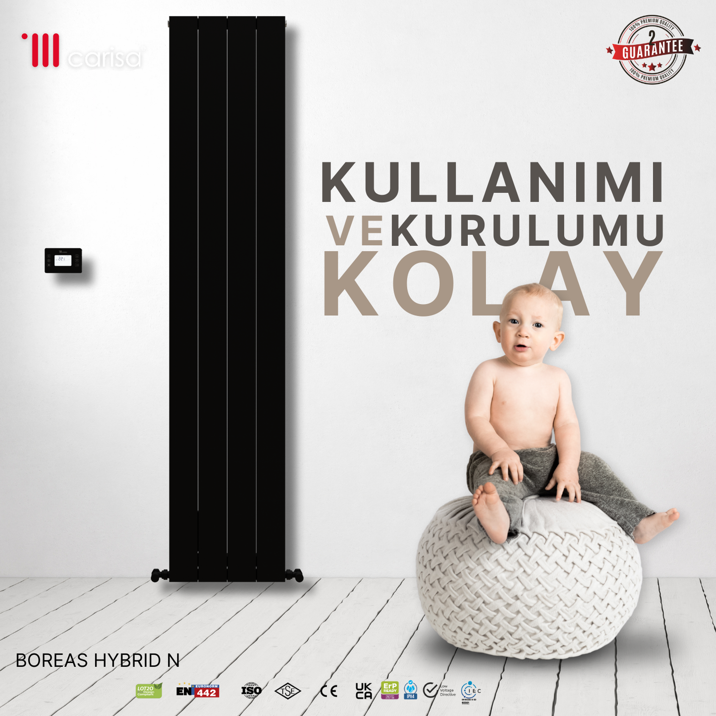 Carisa Boreas Hybrid N Dikey Elektrikli Radyatör Modern Tasarım Siyah