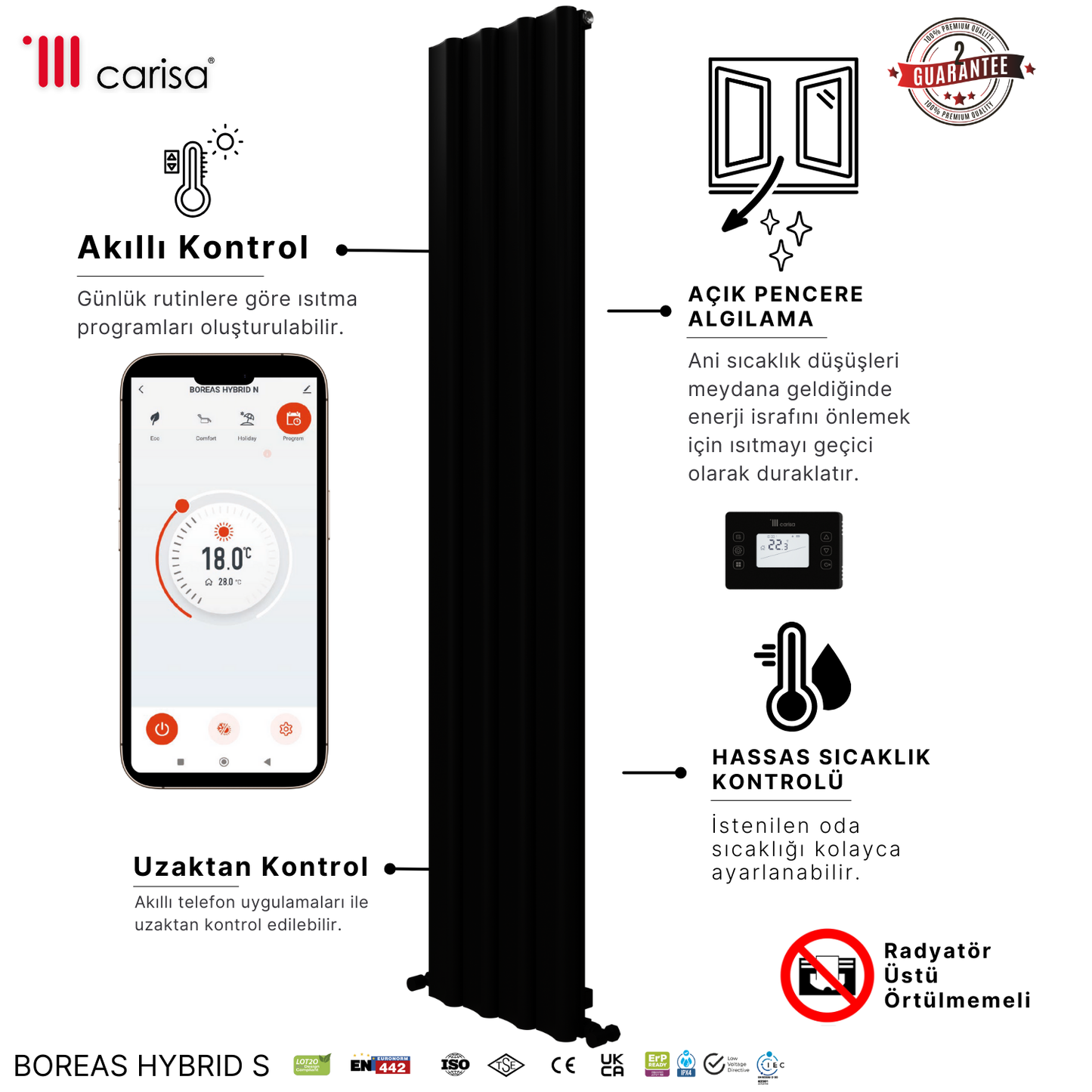 Carisa Boreas Hybrid S Dikey Elektrikli Radyatör Modern Tasarım Siyah
