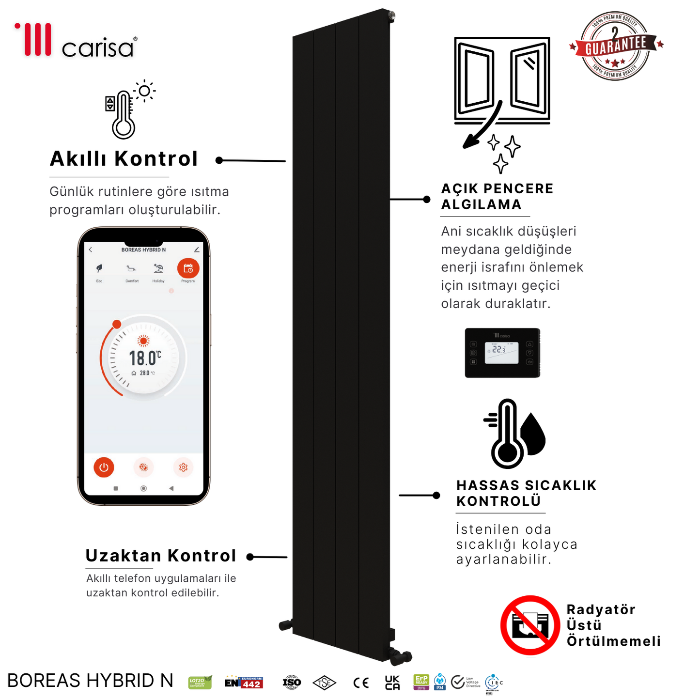 Carisa Boreas Hybrid N Dikey Elektrikli Radyatör Modern Tasarım Siyah