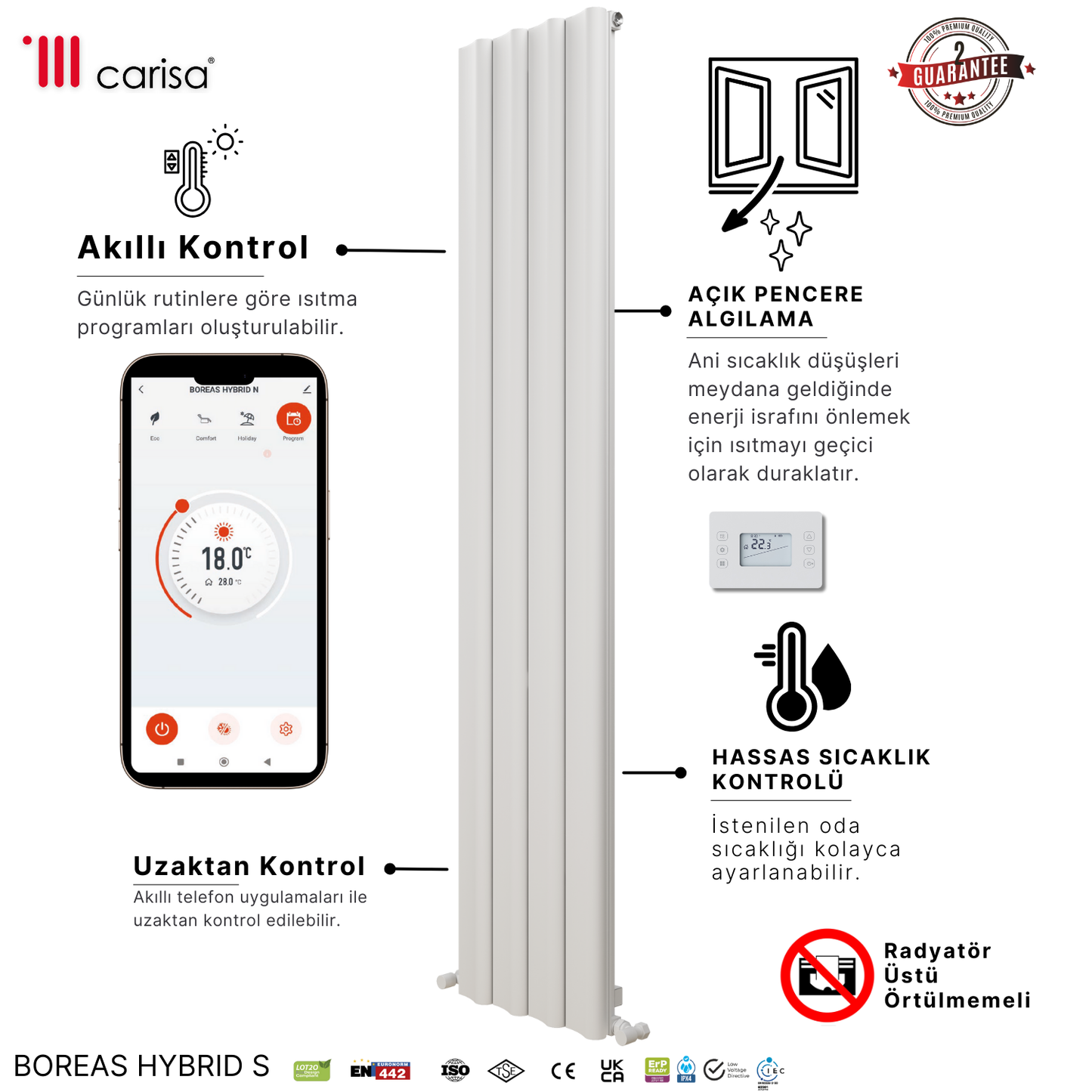 Carisa Boreas Hybrid S Dikey Elektrikli Radyatör Modern Tasarım Beyaz