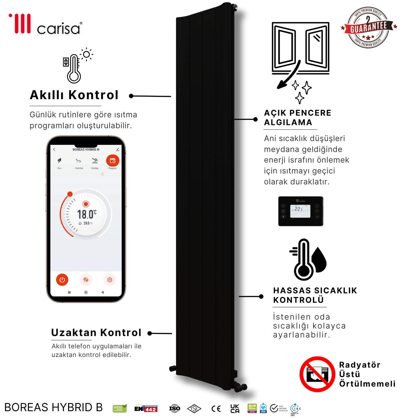 Carisa Boreas Hybrid B Dikey Elektrikli Radyatör Modern Tasarım Siyah