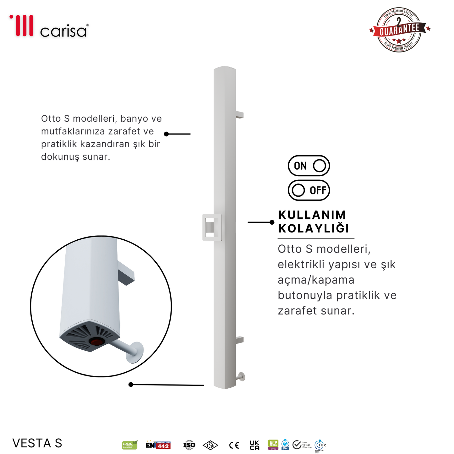 Carisa Vesta Single Elektrikli Havlupan Modern Tasarım Beyaz