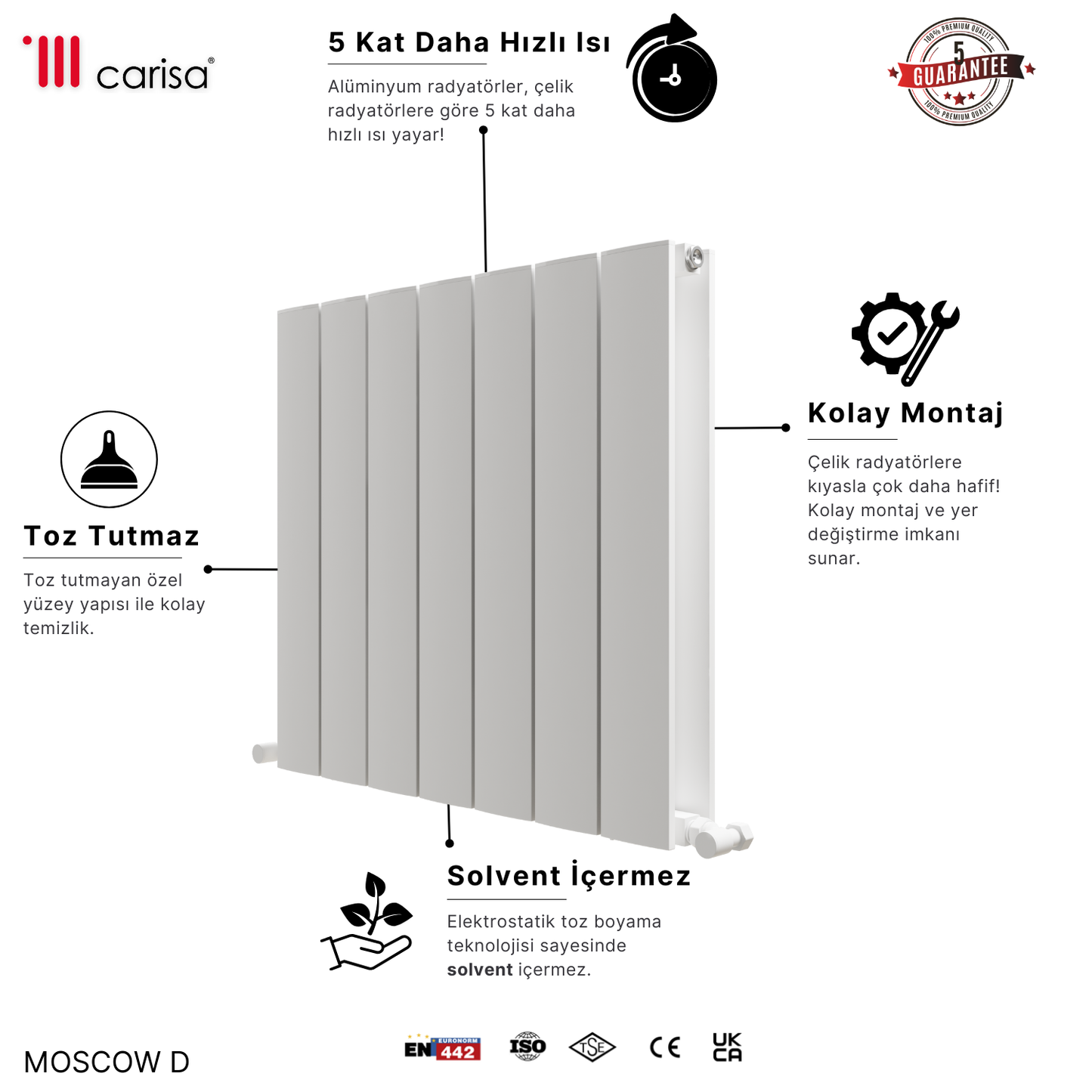 Carisa Moscow D Yatay Alüminyum Radyatör Modern Tasarım Beyaz