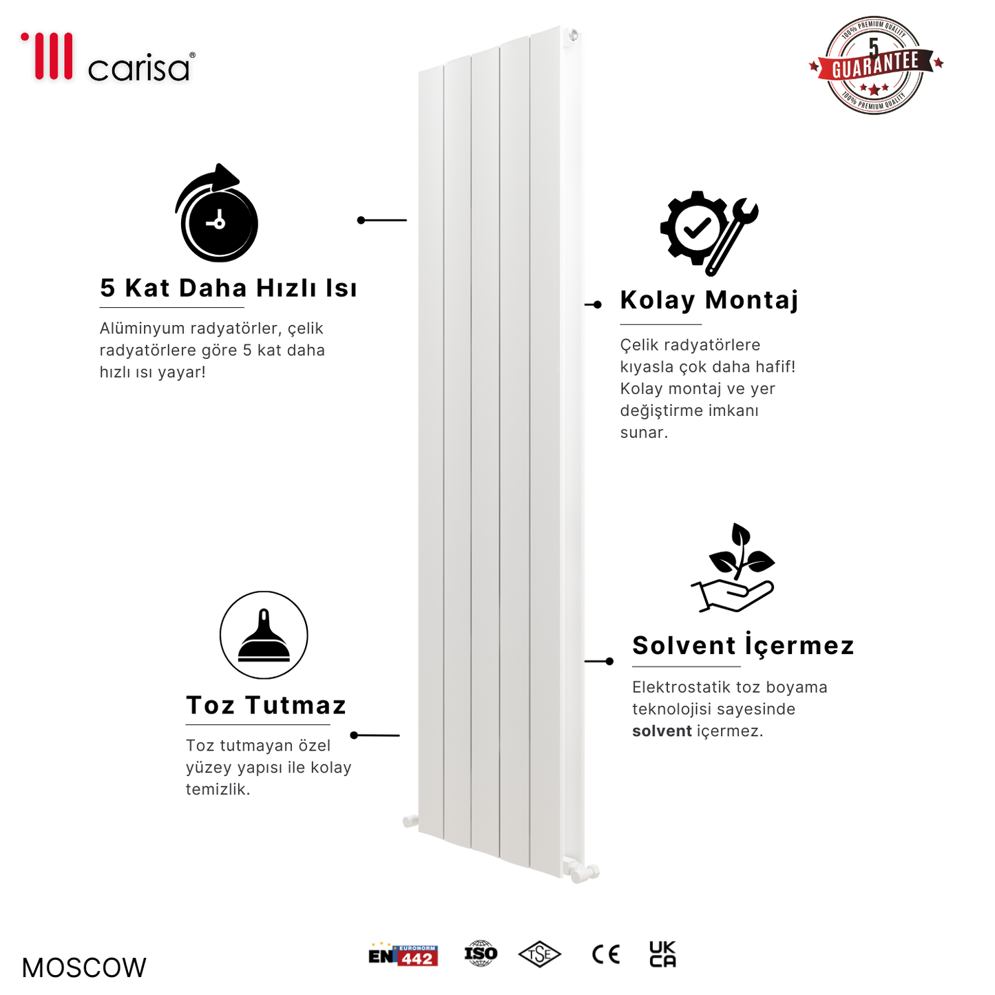 Carisa Moscow Dikey Alüminyum Radyatör Modern Tasarım Beyaz