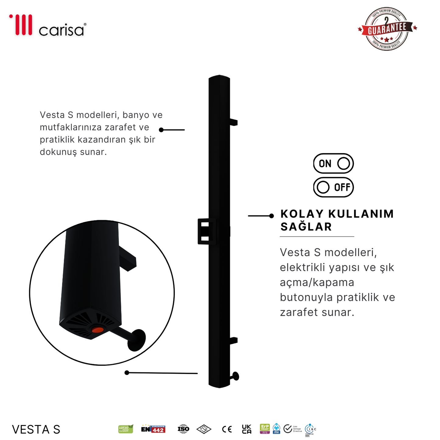 Carisa Vesta Single Elektrikli Havlupan Modern Tasarım Siyah