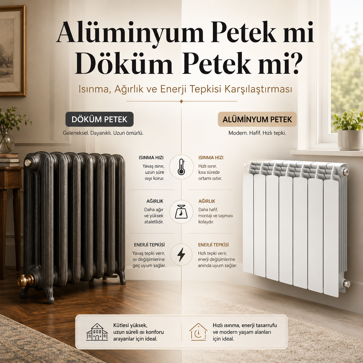 Alüminyum Petek mi Döküm Petek mi? Isınma, Ağırlık ve Enerji Tepkisi Karşılaştırması