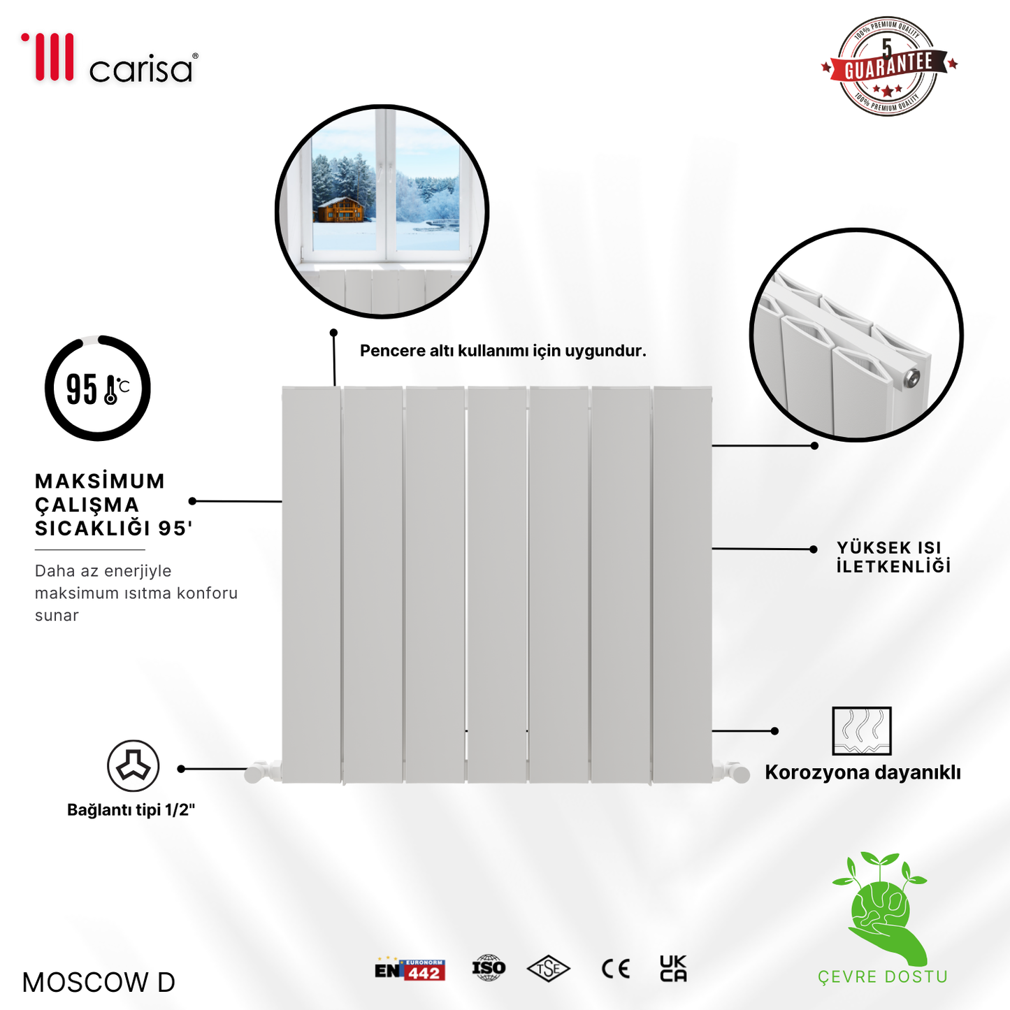 Carisa Moscow D Yatay Alüminyum Radyatör Modern Tasarım Beyaz