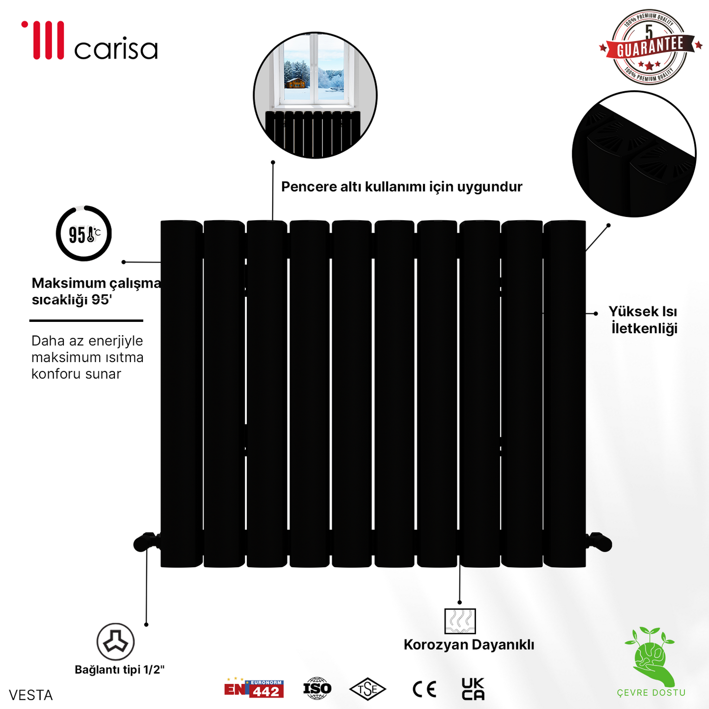 Carisa Vesta Alüminyum Radyatör Siyah Standart Bağlantı