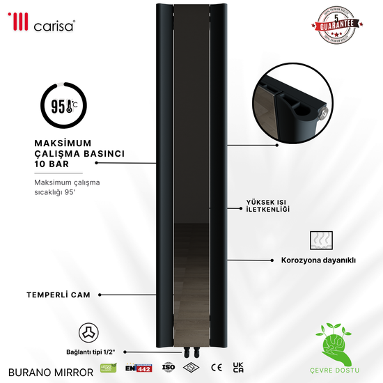 Carisa Burano Mirror Dikey Alüminyum Radyatör Modern Tasarım Antrasit