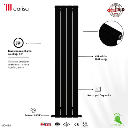 Carisa Monza Dikey Alüminyum Radyatör Modern Tasarım Siyah