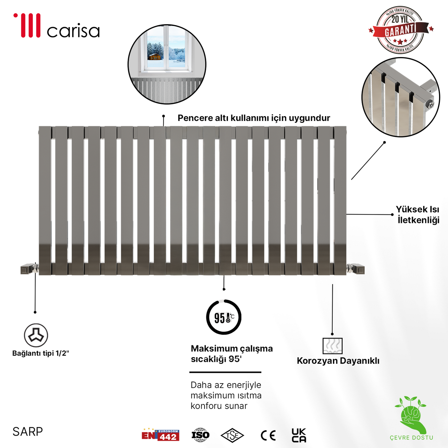 Carisa Sarp Yatay Paslanmaz Çelik Radyatör Modern Tasarım Ayna Polisaj