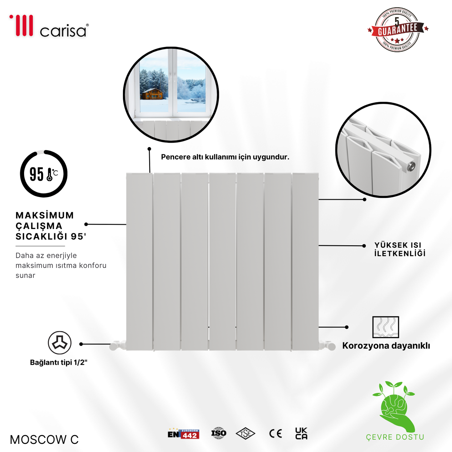 Carisa Moscow C Yatay Alüminyum Radyatör Modern Tasarım Beyaz