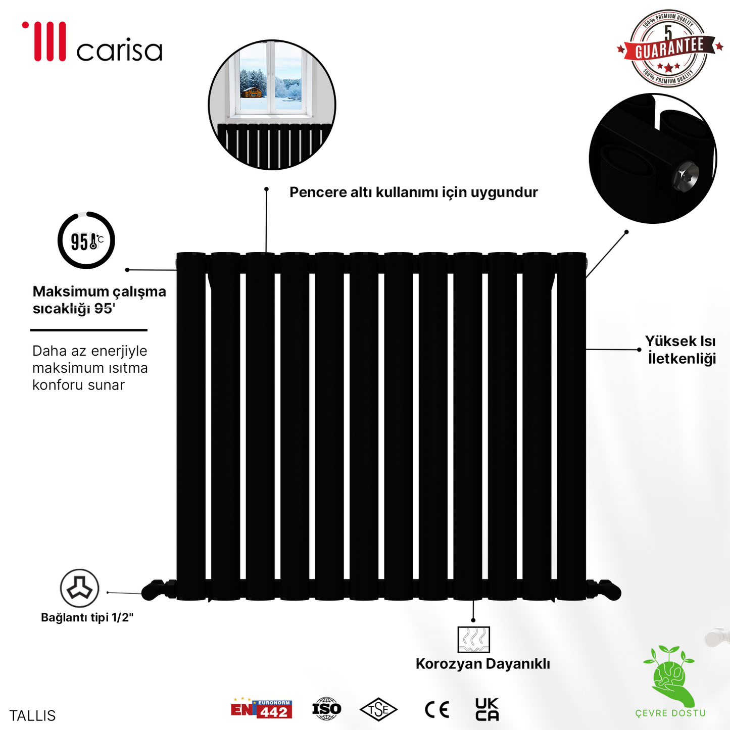 Carisa Tallis Double Alüminyum Radyatör Siyah Standart Bağlantı