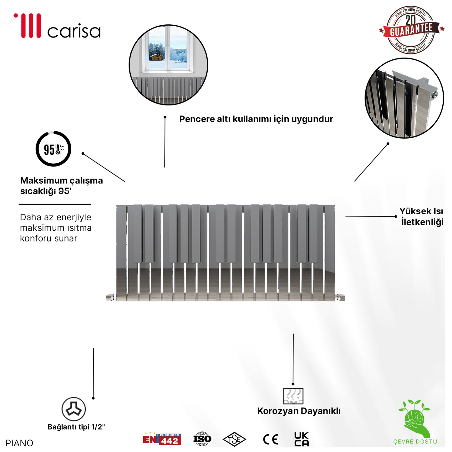 Carisa Piano Yatay Paslanmaz Çelik Radyatör Modern Tasarım Ayna Polisaj