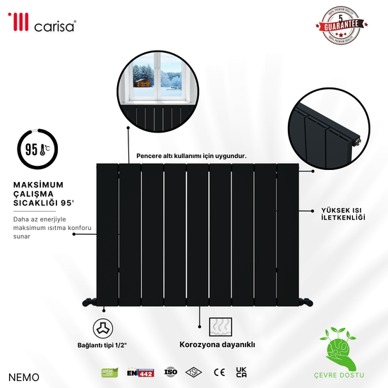 Carisa Nemo Alüminyum Radyatör Antrasit Standart Bağlantı