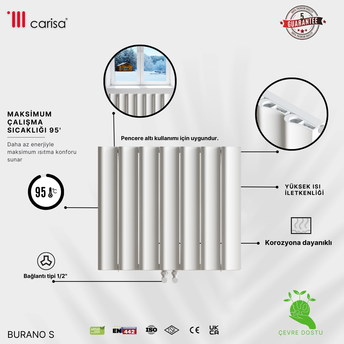 Carisa Burano S Yatay Alüminyum Radyatör Modern Tasarım Beyaz