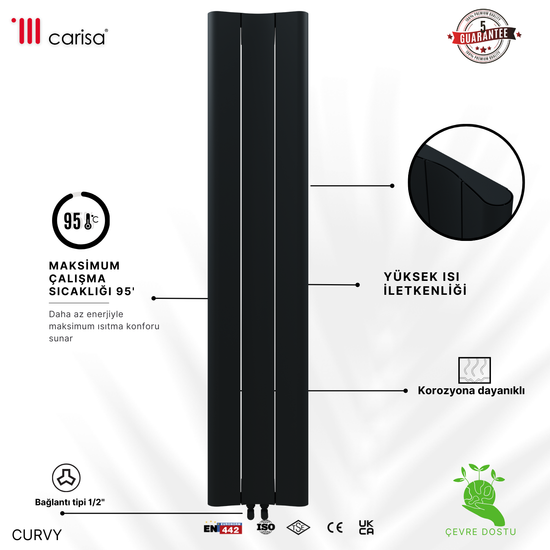 Carisa Curvy Dikey Alüminyum Radyatör Modern Tasarım Siyah