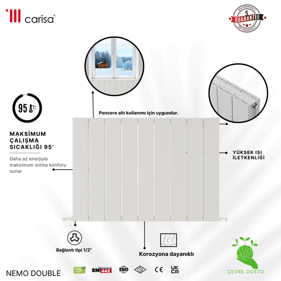 Carisa Nemo Yatay Alüminyum Radyatör Modern Tasarım Beyaz