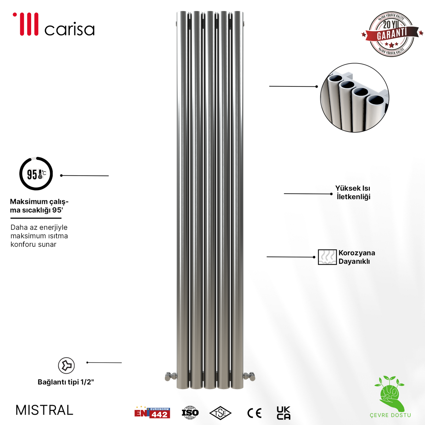 Carisa Mistral Dikey Paslanmaz Çelik Radyatör Modern Tasarım Satine