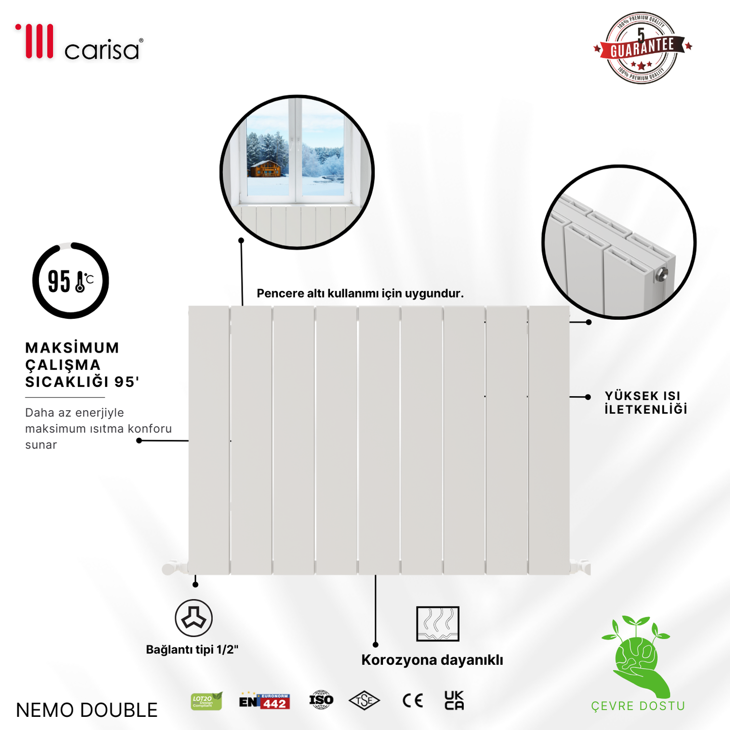 Carisa Nemo Double Alüminyum Radyatör Beyaz Standart Bağlantı