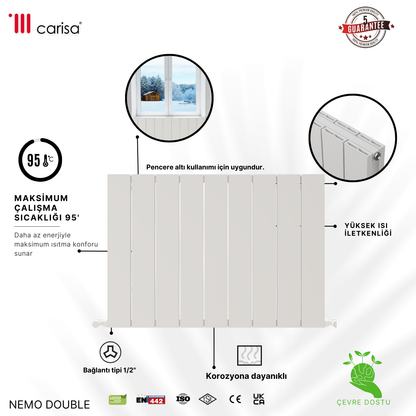 Carisa Nemo Double Alüminyum Radyatör Beyaz Standart Bağlantı