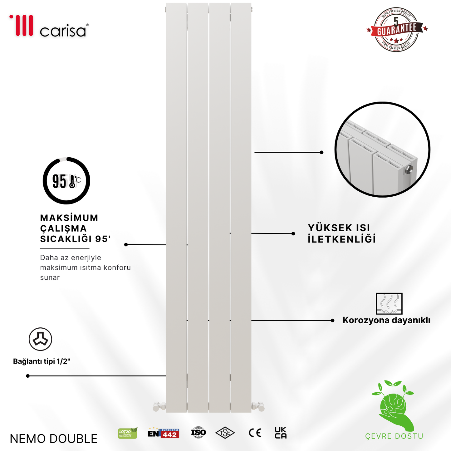 Carisa Nemo Double Alüminyum Radyatör Beyaz Standart Bağlantı