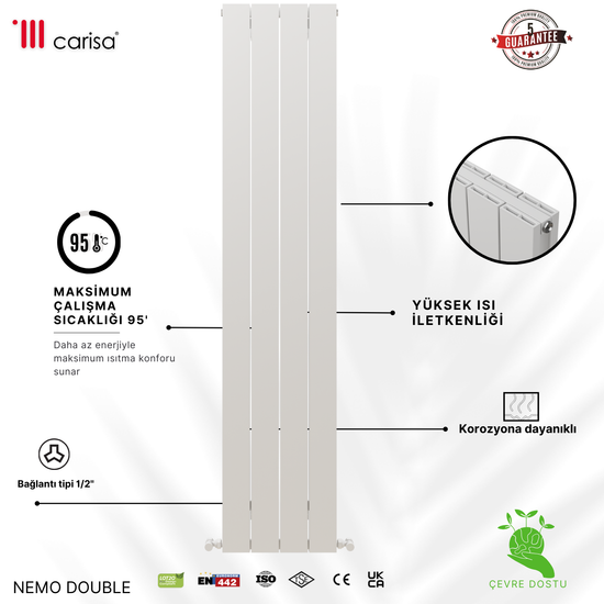 Carisa Nemo Double Alüminyum Radyatör Beyaz Standart Bağlantı