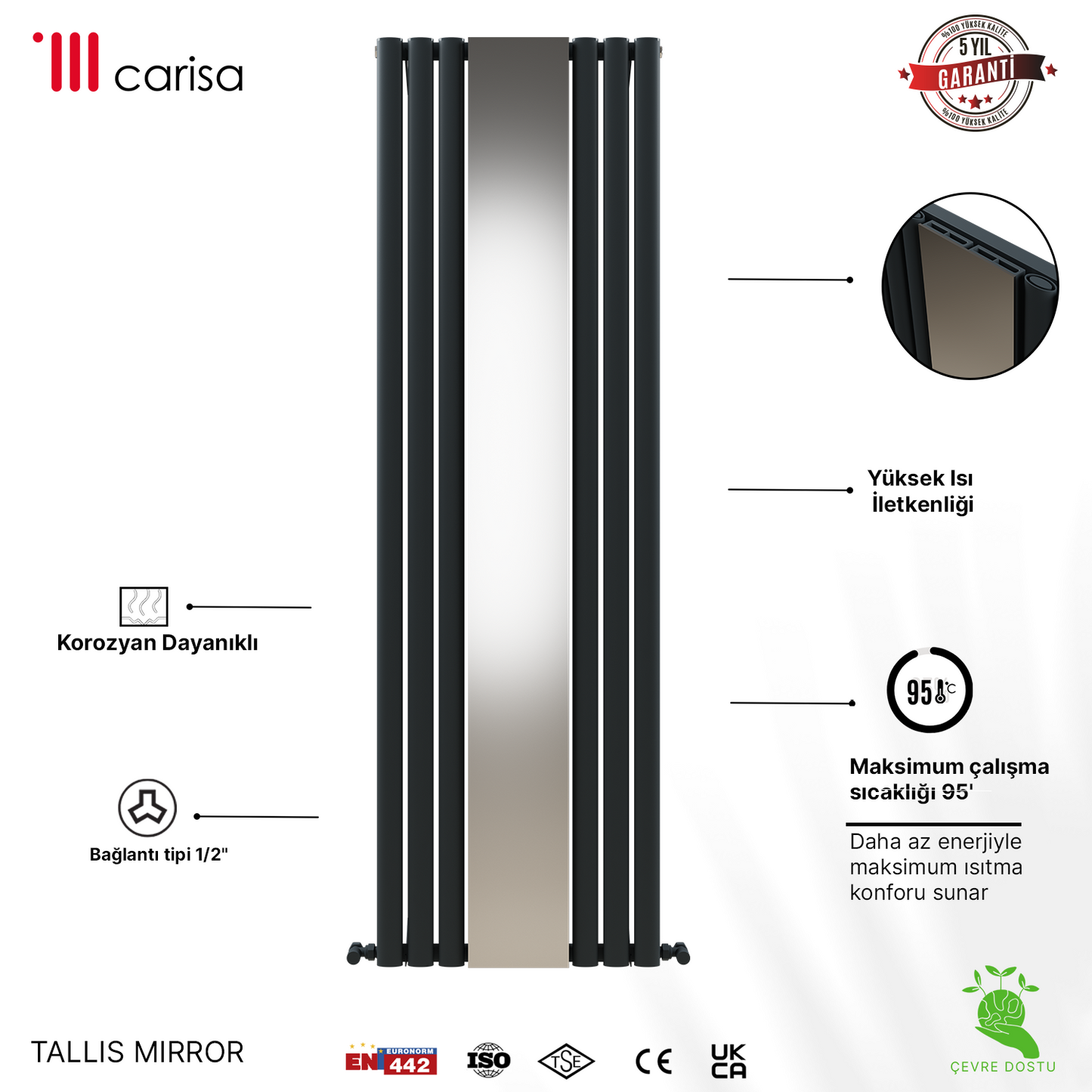 Carisa Tallis Mirror Dikey Alüminyum Radyatör Modern Tasarım Siyah - Carisa