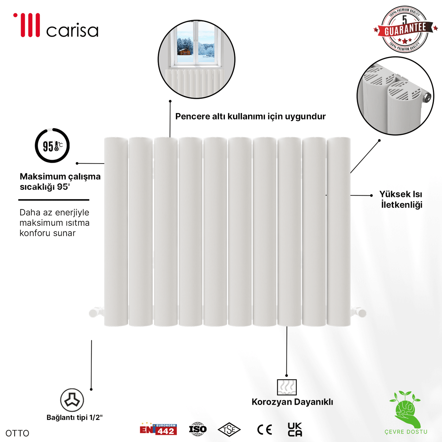 Carisa Otto Yatay Alüminyum Radyatör Modern Tasarım Beyaz