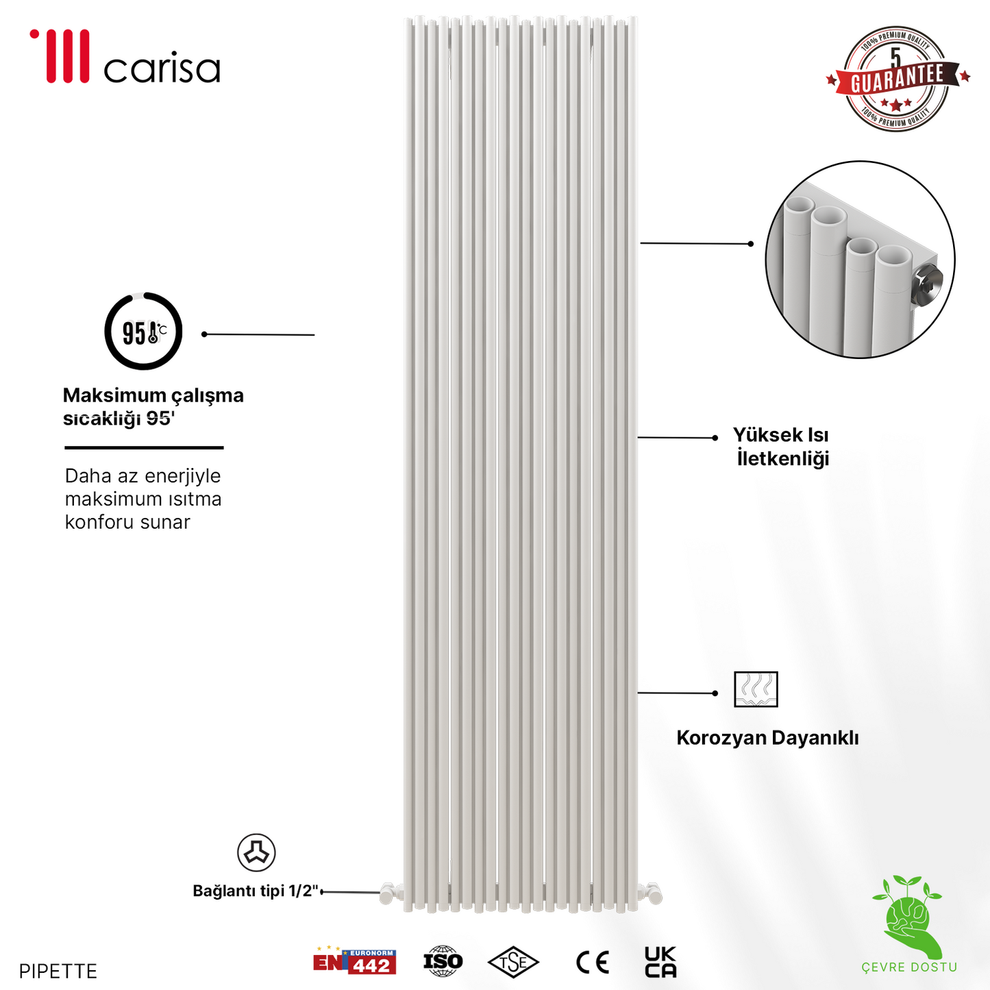 Carisa Pipette Dikey Alüminyum Radyatör Modern Tasarım Beyaz