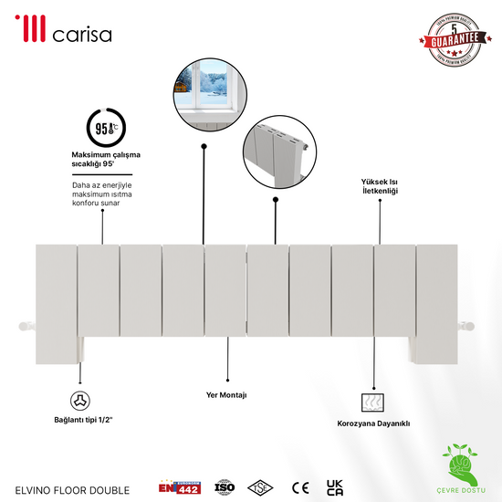 Carisa Elvino Floor Yatay Alüminyum Radyatör Modern Tasarım Beyaz