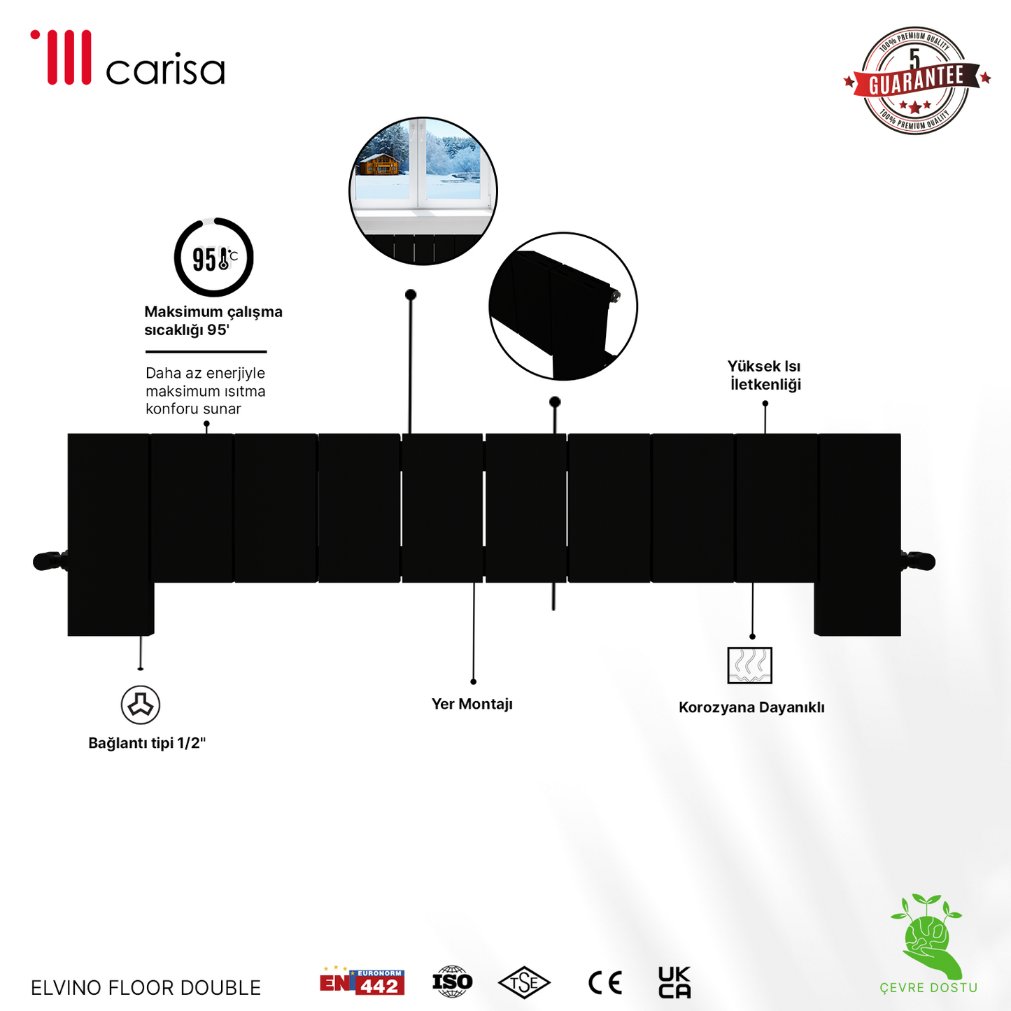 Carisa Elvino Floor Yatay Alüminyum Radyatör Modern Tasarım Siyah