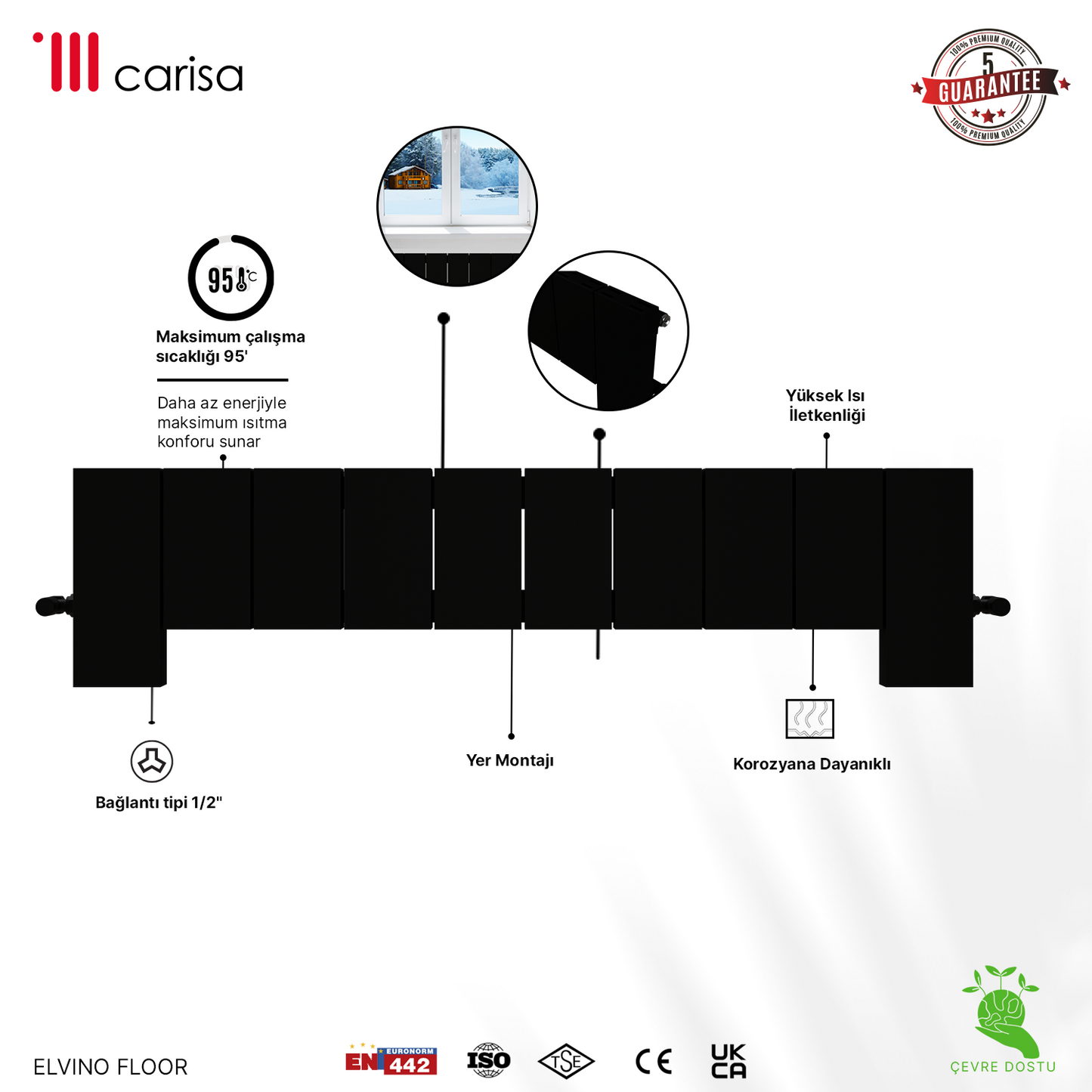 Carisa Elvino Floor Yatay Alüminyum Radyatör Modern Tasarım Siyah