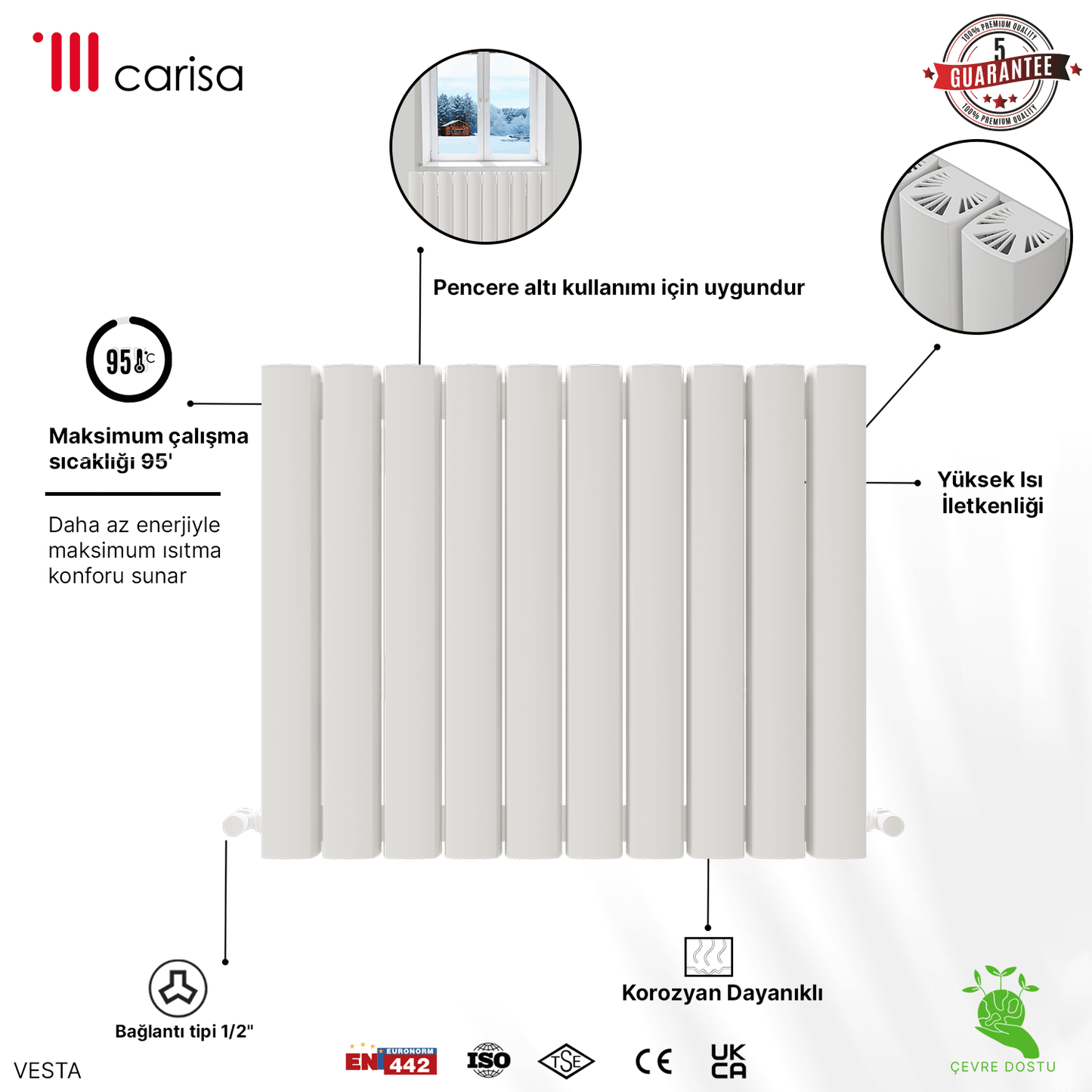 Carisa Vesta Yatay Alüminyum Radyatör Modern Tasarım Beyaz