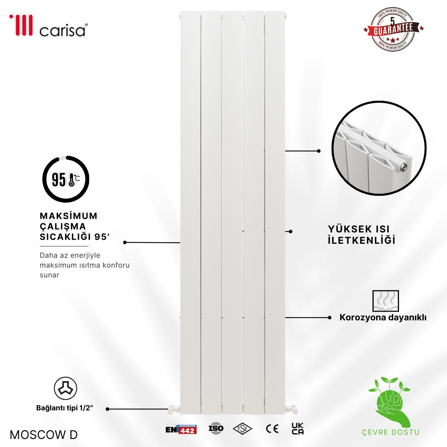 Carisa Moscow D Dikey Alüminyum Radyatör Modern Tasarım Beyaz