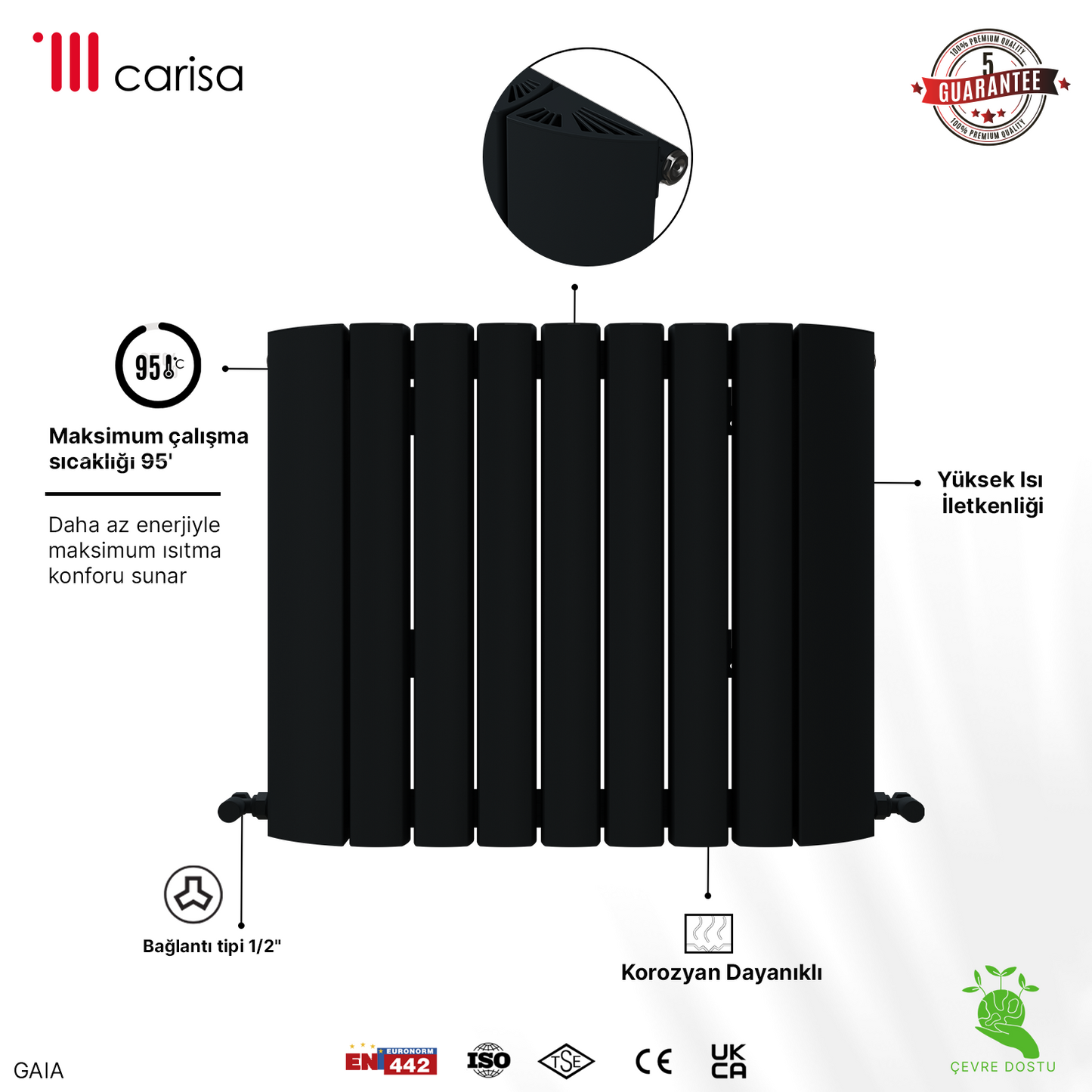 Carisa Gaia Yatay Alüminyum Radyatör Modern Tasarım Siyah
