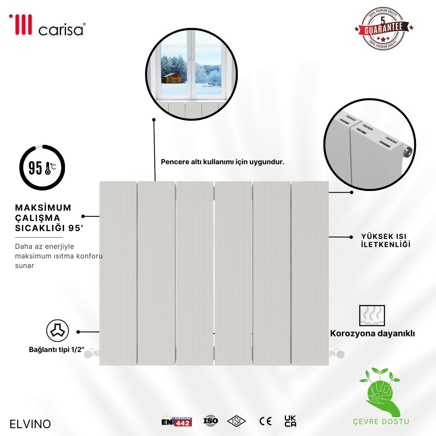 Carisa Elvino Alüminyum Radyatör Beyaz Standart Bağlantı