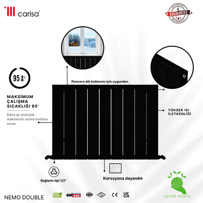 Carisa Nemo Double Alüminyum Radyatör Siyah Standart Bağlantı