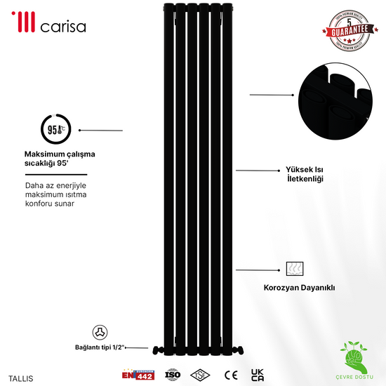 Carisa Tallis Double Alüminyum Radyatör Siyah Standart Bağlantı