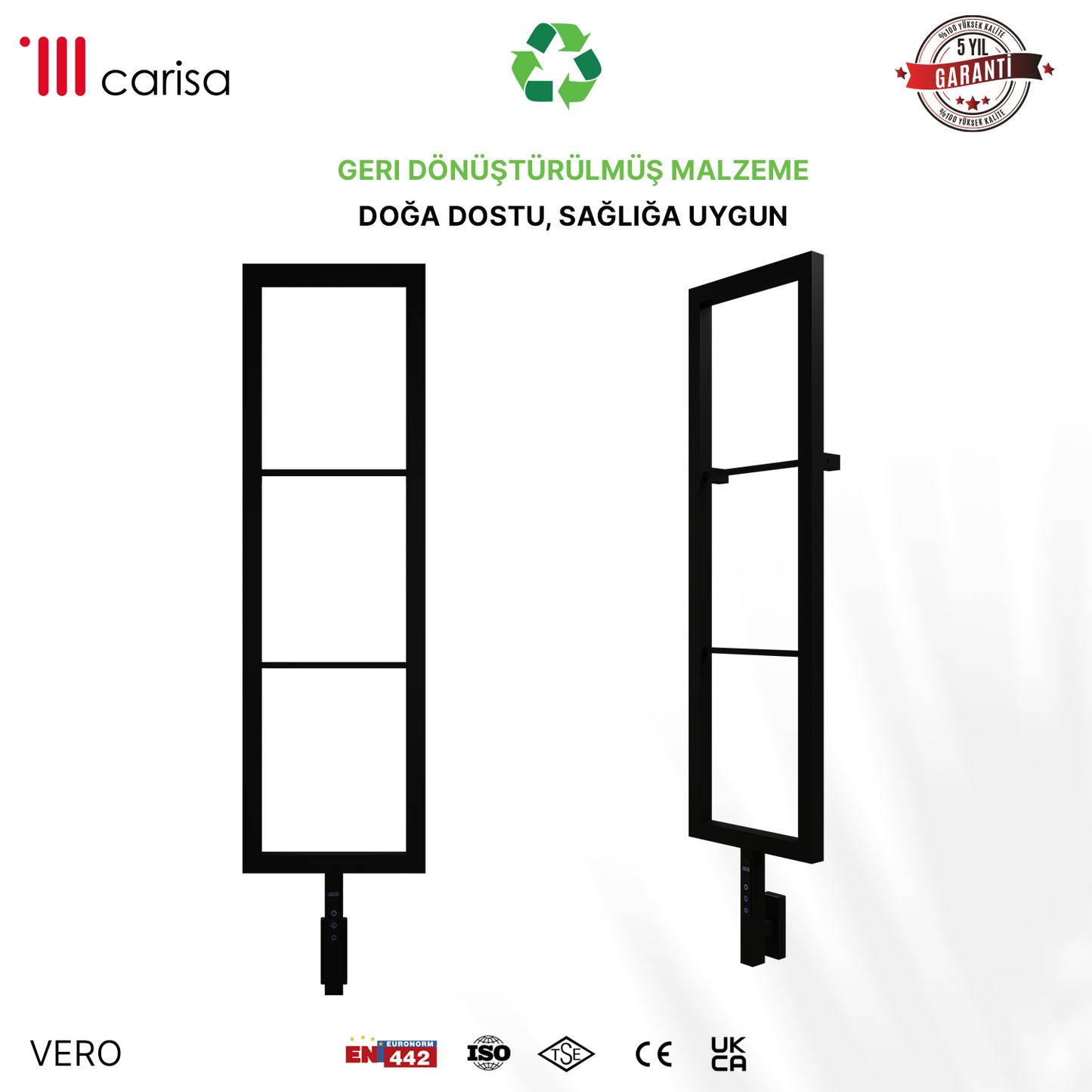 Carisa Vero Paslanmaz Çelik Elektrikli Havlupan - Mat Siyah