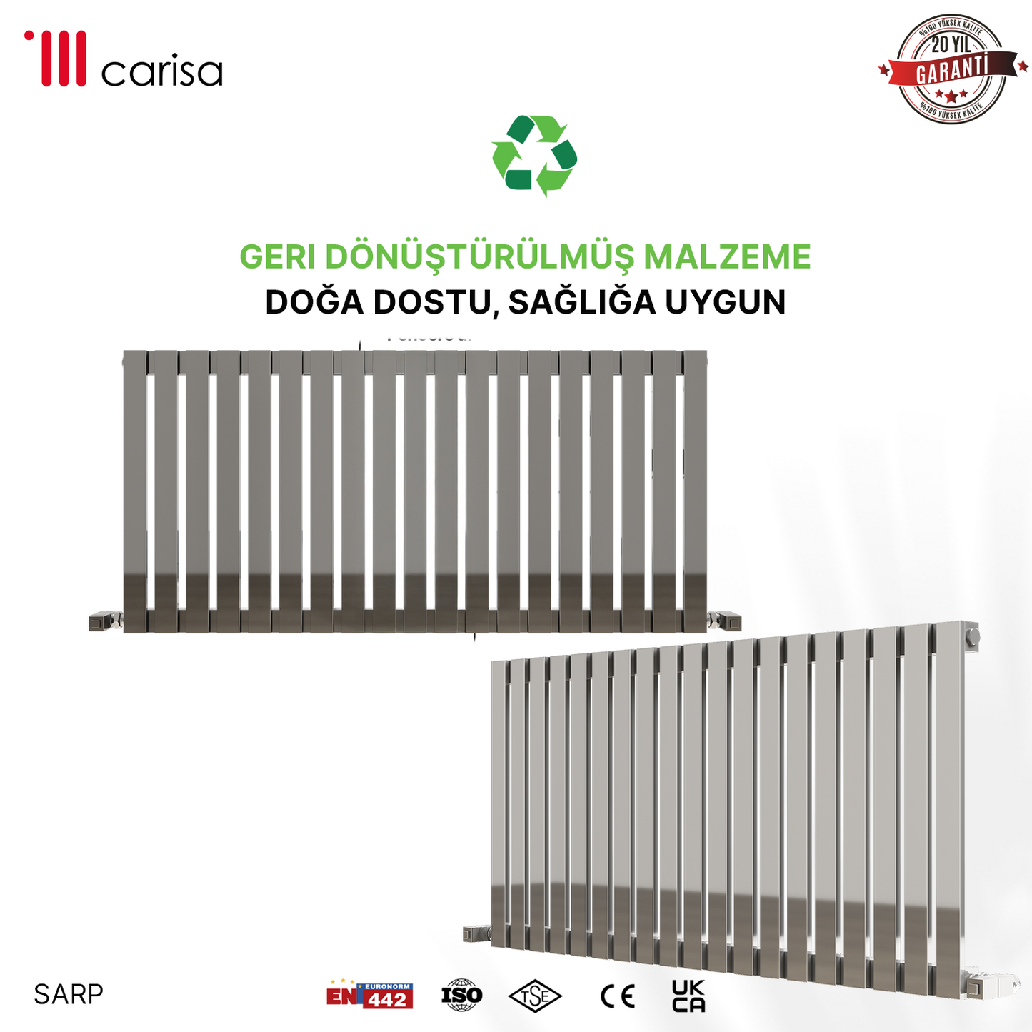 Carisa Sarp Yatay Paslanmaz Çelik Radyatör Modern Tasarım Ayna Polisaj