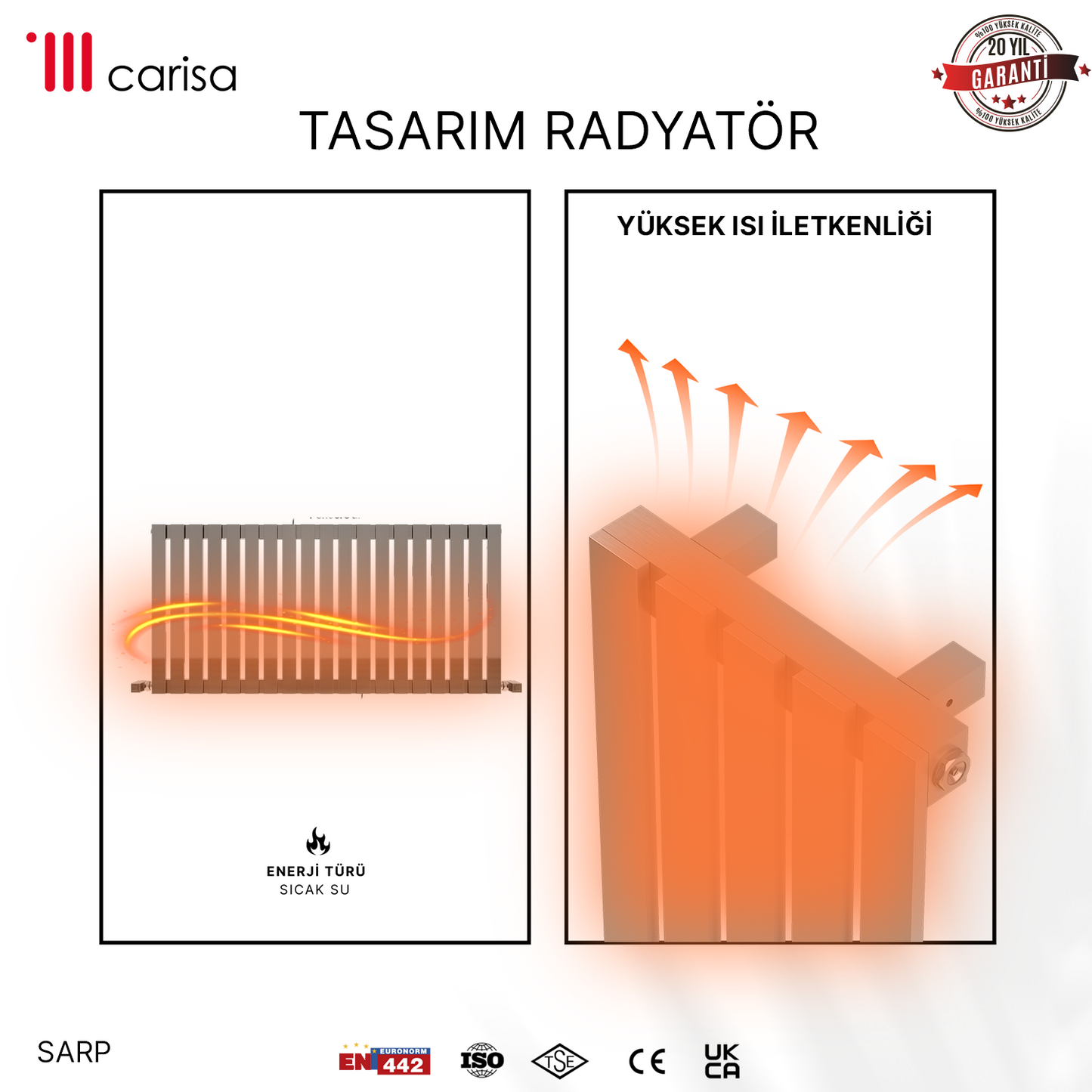 Carisa Sarp Yatay Paslanmaz Çelik Radyatör Modern Tasarım Ayna Polisaj