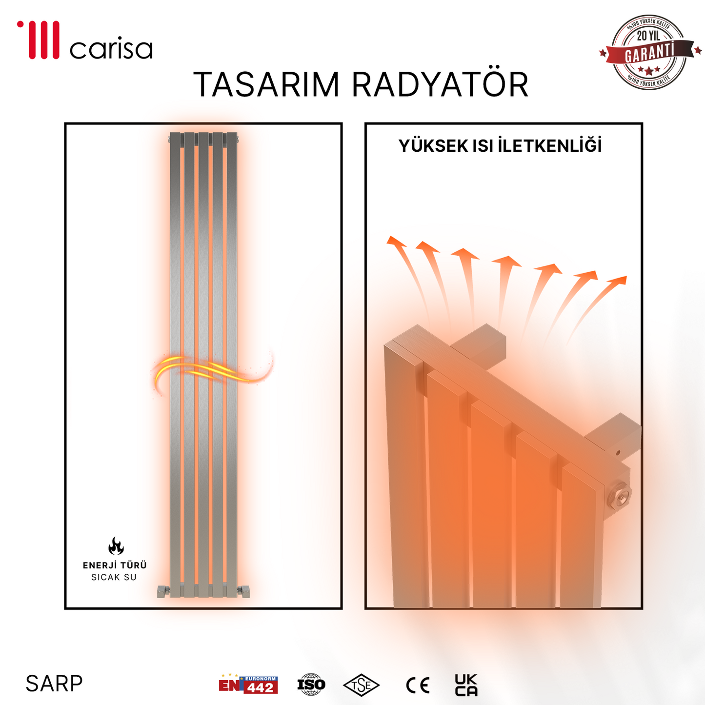 Carisa Sarp Dikey Paslanmaz Çelik Radyatör Modern Tasarım Satine