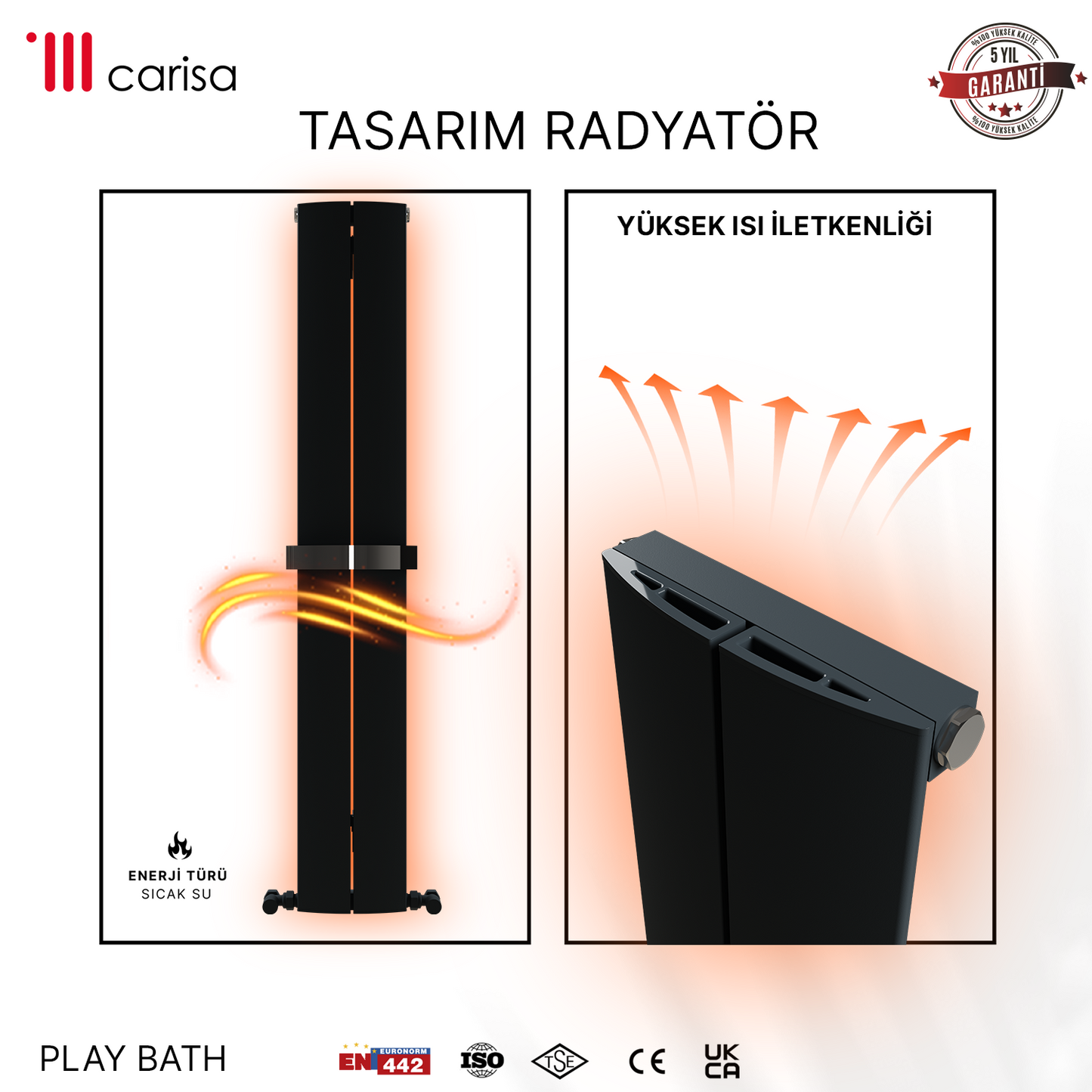 Carisa PLAY BATH RAL 9005 KUMLU SİYAH/STANDART BAĞLANTI(İKİ YAN-ALT-ÜST-ÇAPRAZ)/ALÜMİNYUM HAVLUPAN/BANYO RADYATÖRÜ